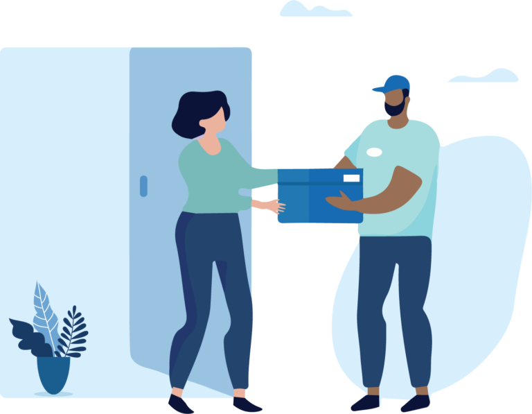 Illustration of a delivery person handing a package to a customer